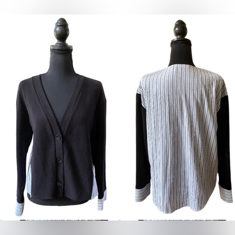 Zara: Black Cardigan with a White and Blue Striped Shirt Backing